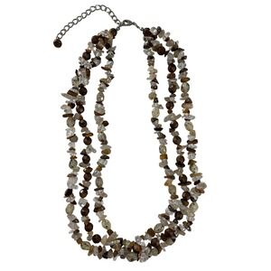 Multistrand Stone Necklace Brown Tan Clear Three Row Beaded 19 to 23 in Adjust